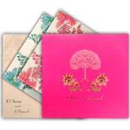 Bright Pink Indian wedding cards, Tree of life wedding invitation